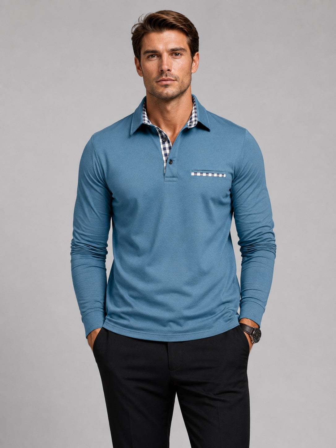 Men’s Long Sleeve Polo Shirt Check Panel Casual Autumn Top for Business Casual and Everyday Wear