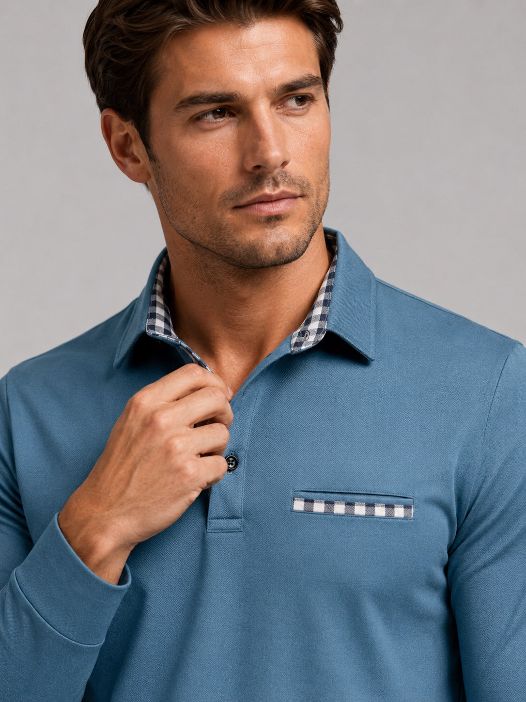 Men’s Long Sleeve Polo Shirt Check Panel Casual Autumn Top for Business Casual and Everyday Wear