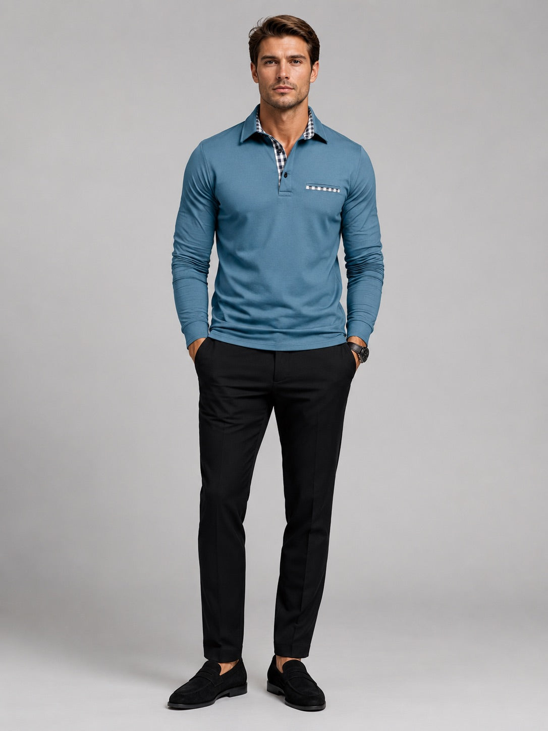 Men’s Long Sleeve Polo Shirt Check Panel Casual Autumn Top for Business Casual and Everyday Wear