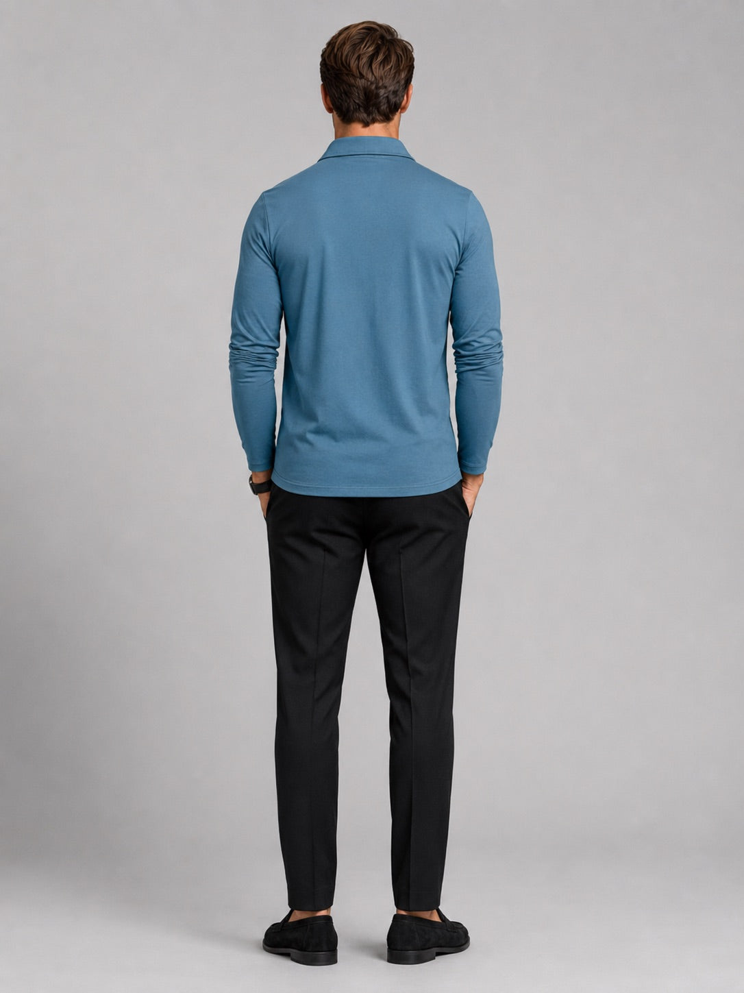 Men’s Long Sleeve Polo Shirt Check Panel Casual Autumn Top for Business Casual and Everyday Wear
