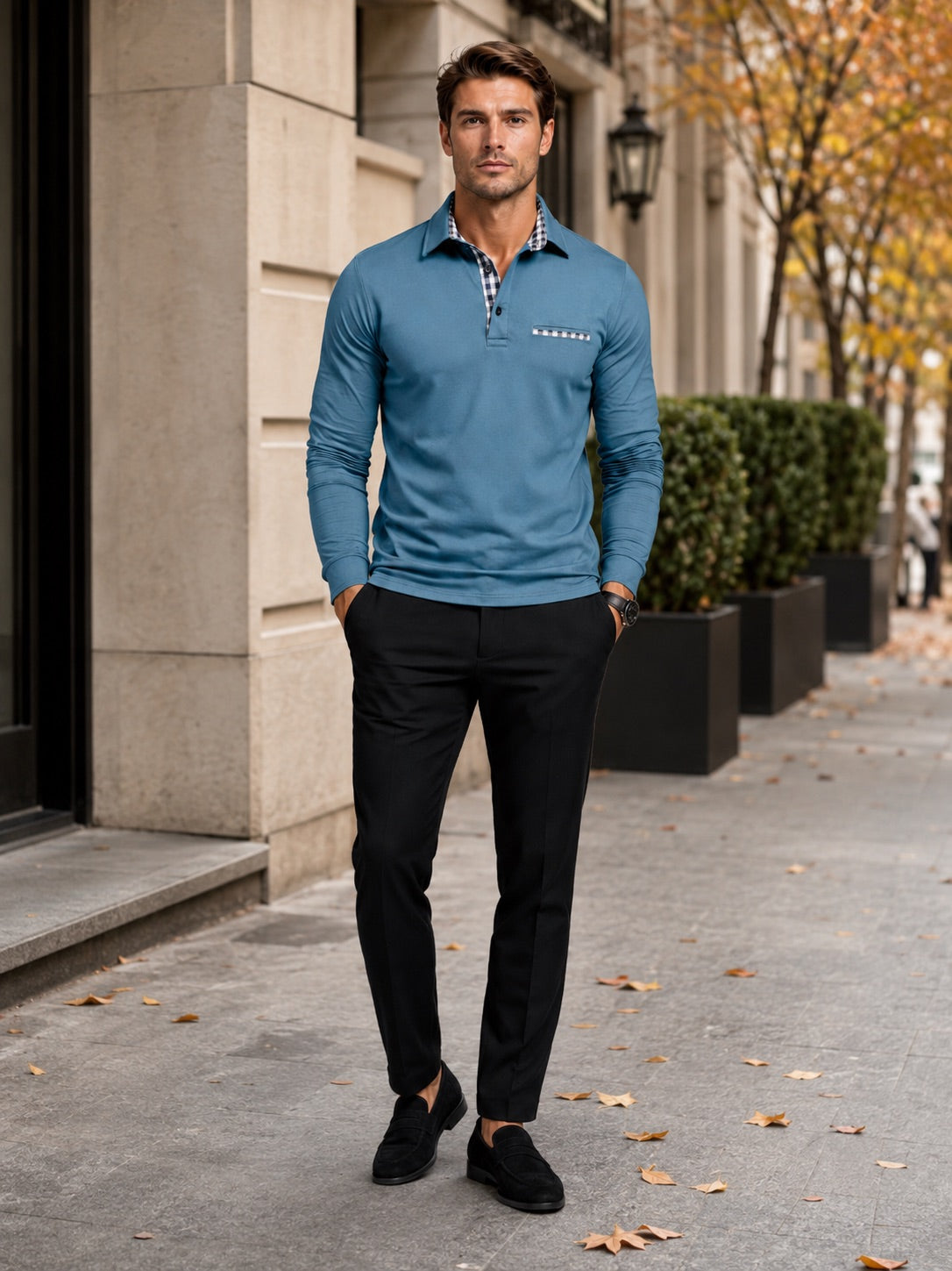 Men’s Long Sleeve Polo Shirt Check Panel Casual Autumn Top for Business Casual and Everyday Wear