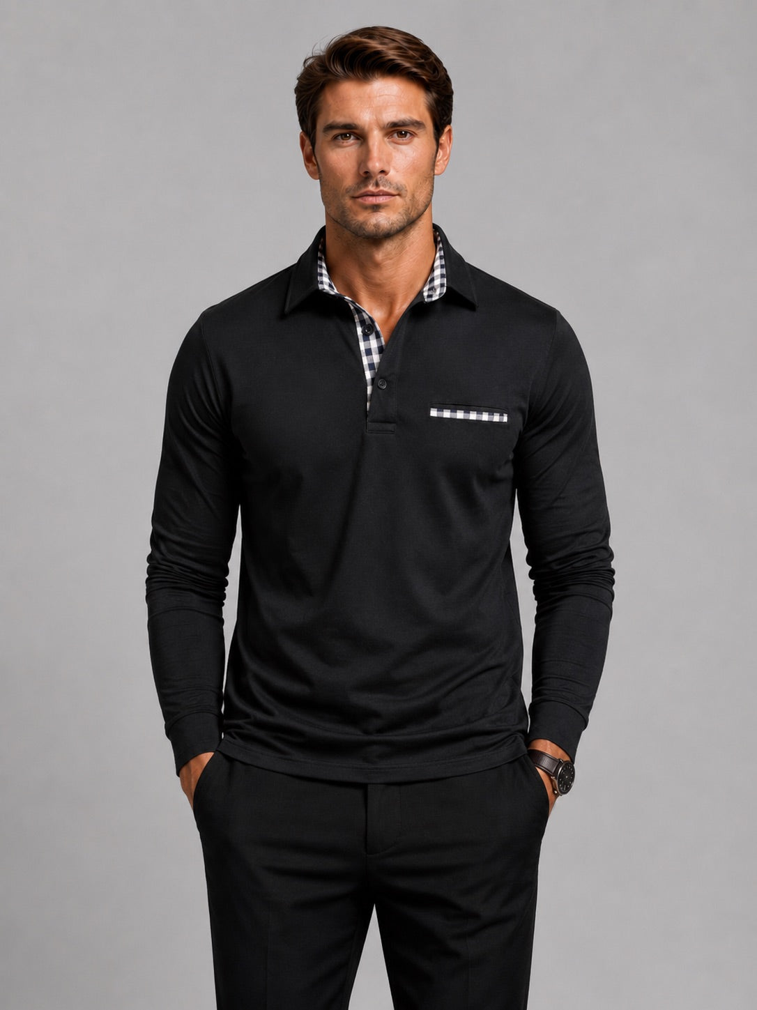 Men’s Long Sleeve Polo Shirt Check Panel Casual Autumn Top for Business Casual and Everyday Wear
