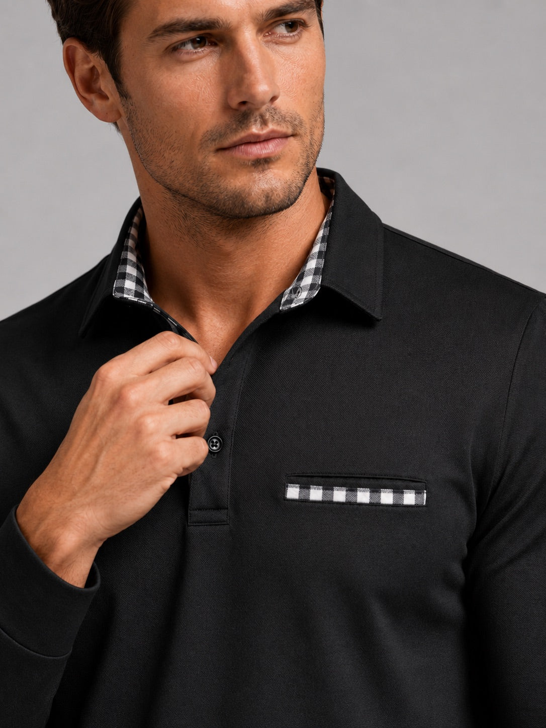 Men’s Long Sleeve Polo Shirt Check Panel Casual Autumn Top for Business Casual and Everyday Wear