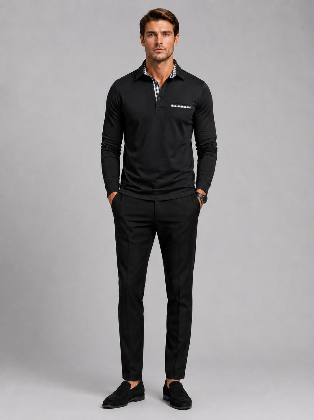Men’s Long Sleeve Polo Shirt Check Panel Casual Autumn Top for Business Casual and Everyday Wear