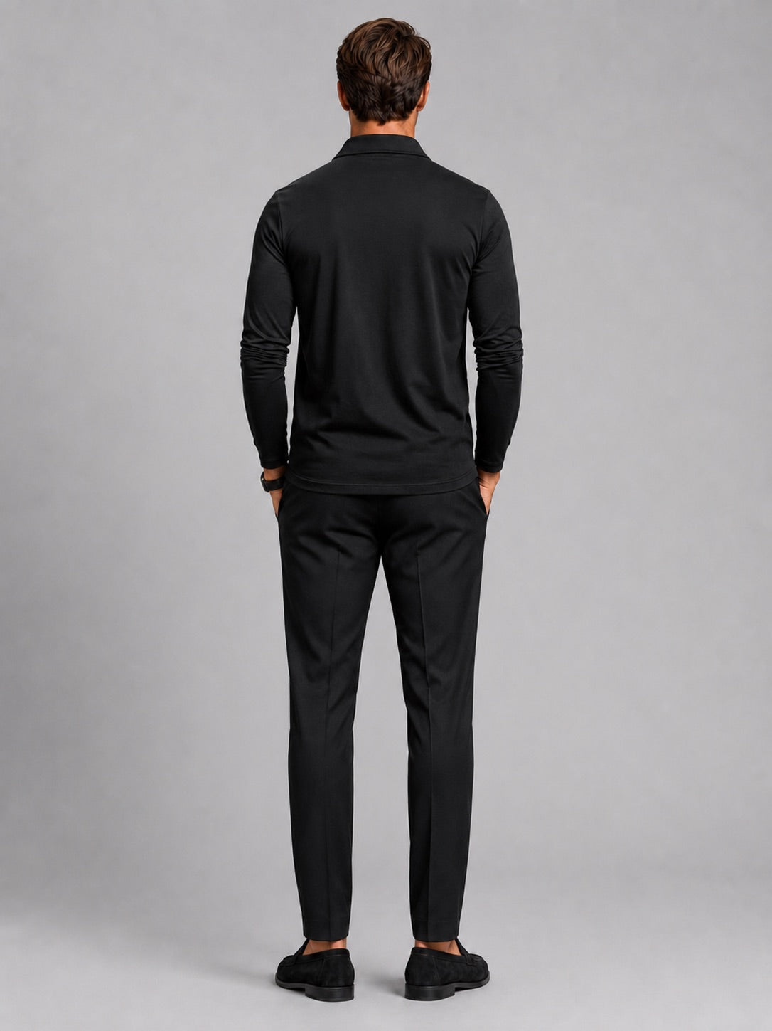 Men’s Long Sleeve Polo Shirt Check Panel Casual Autumn Top for Business Casual and Everyday Wear