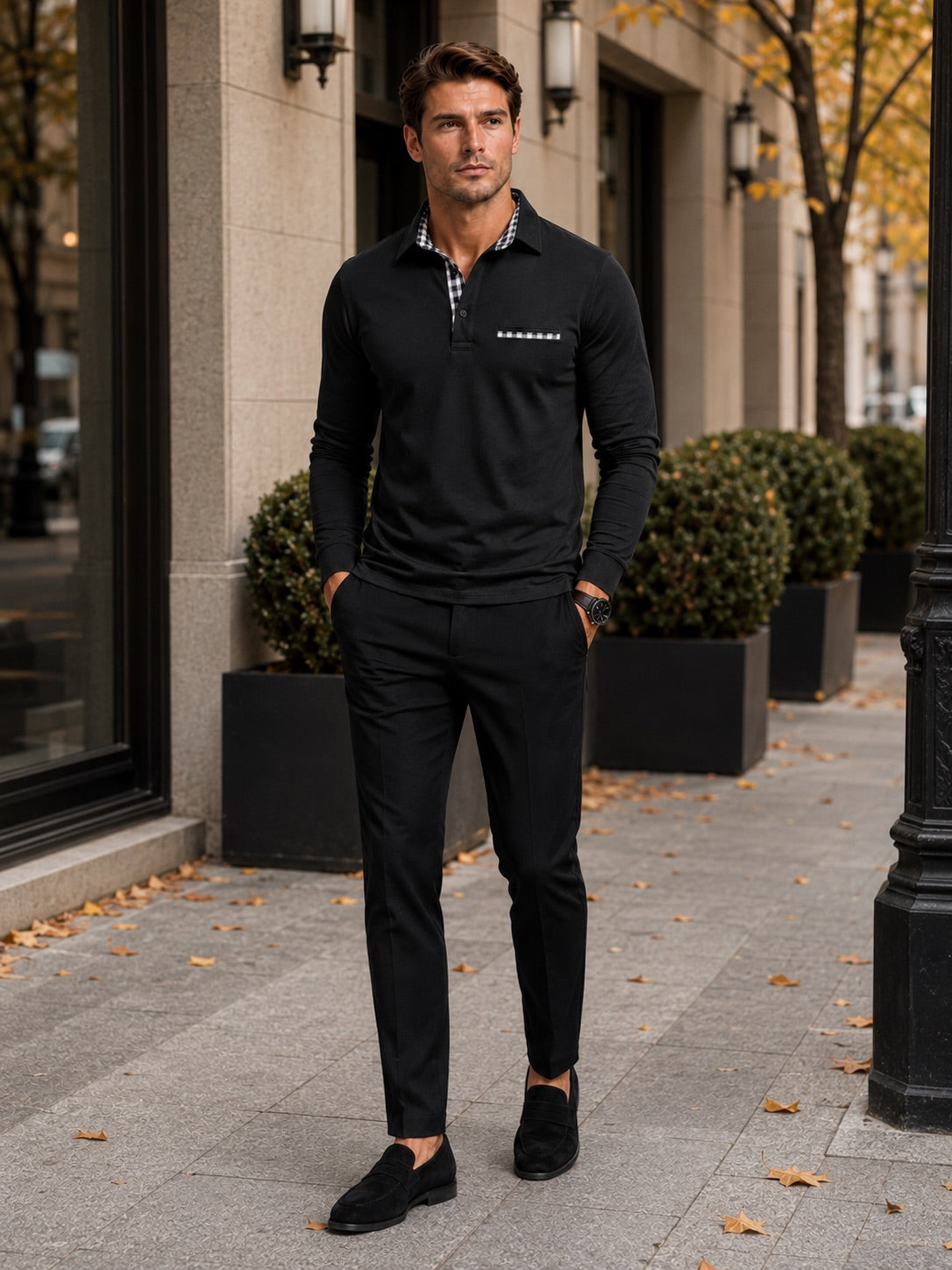 Men’s Long Sleeve Polo Shirt Check Panel Casual Autumn Top for Business Casual and Everyday Wear
