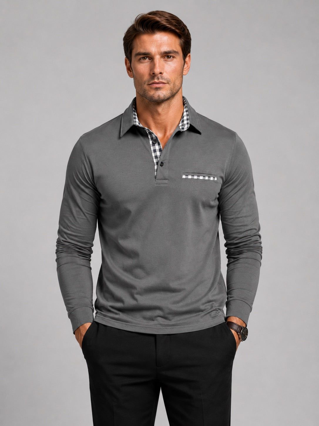 Men’s Long Sleeve Polo Shirt Check Panel Casual Autumn Top for Business Casual and Everyday Wear