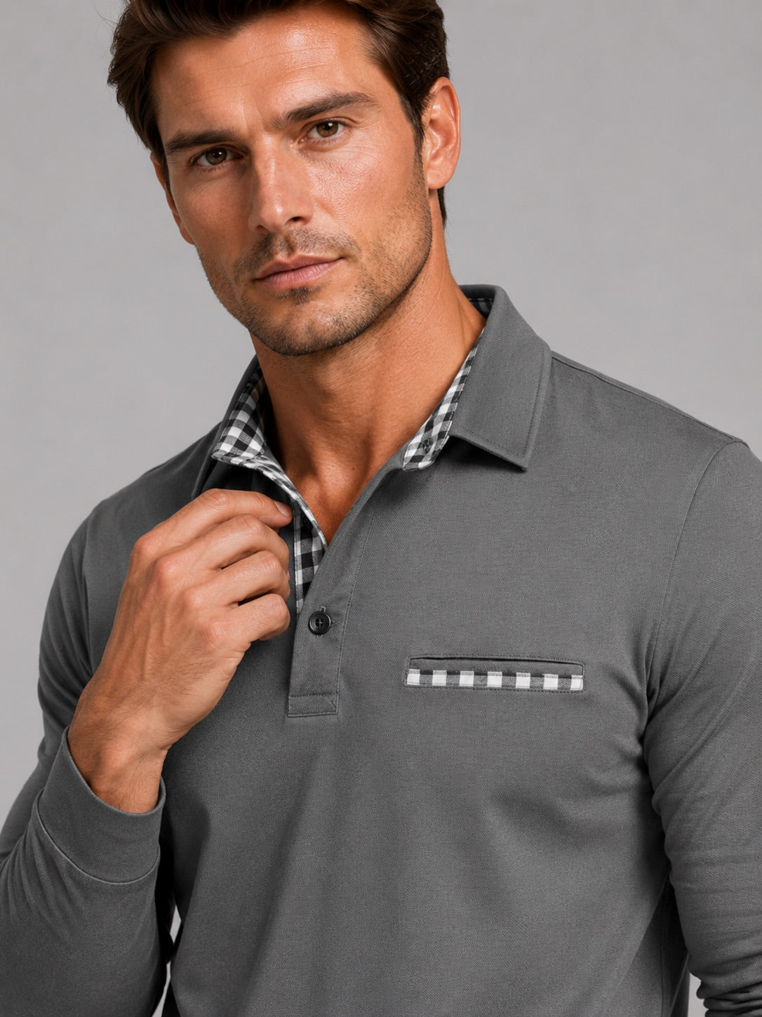 Men’s Long Sleeve Polo Shirt Check Panel Casual Autumn Top for Business Casual and Everyday Wear