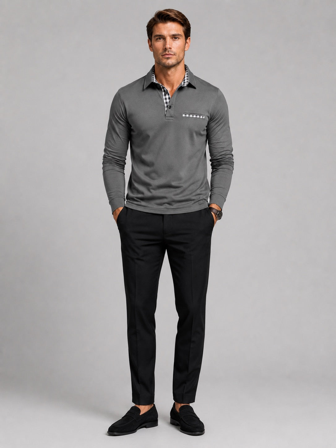 Men’s Long Sleeve Polo Shirt Check Panel Casual Autumn Top for Business Casual and Everyday Wear
