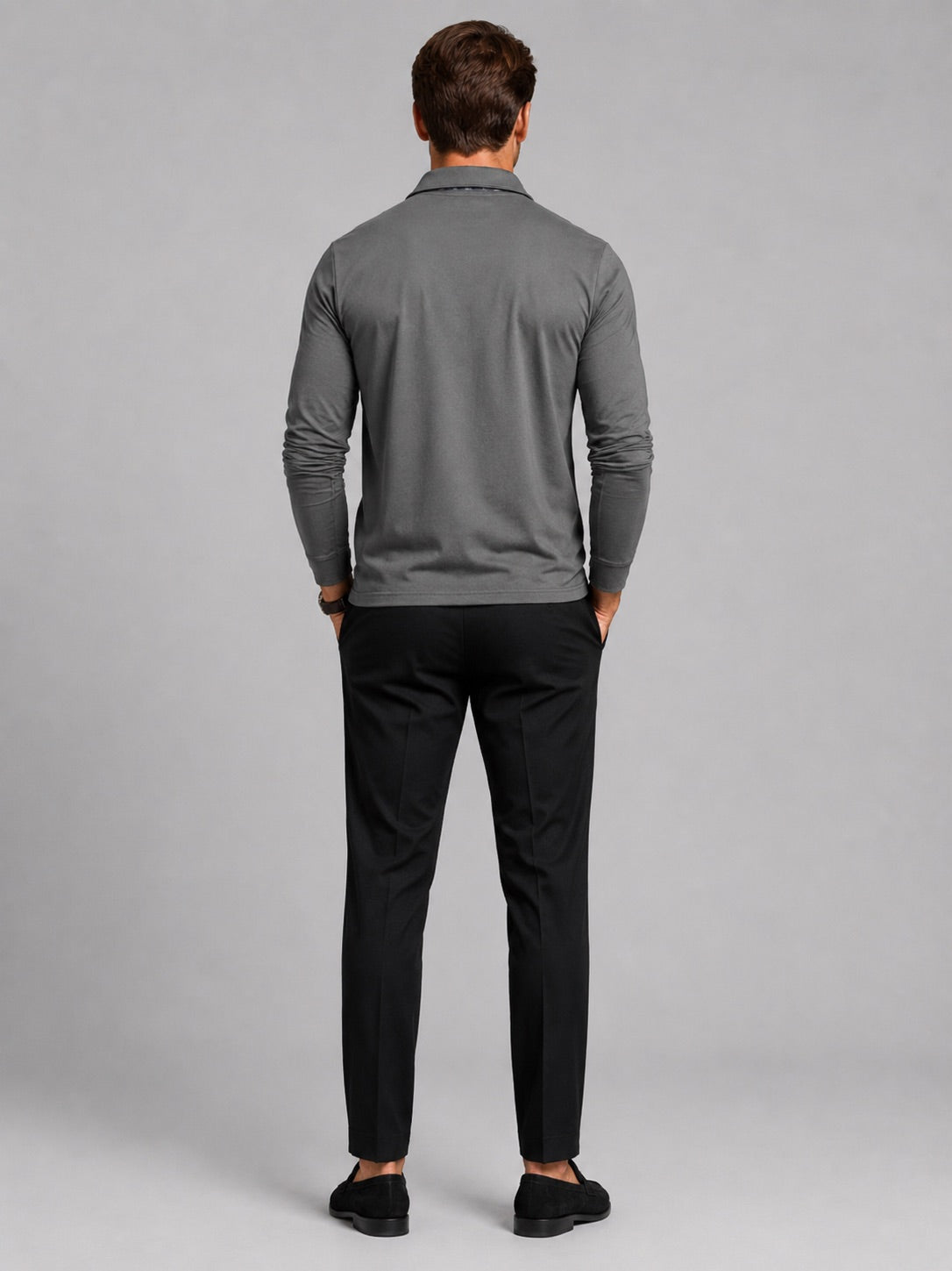 Men’s Long Sleeve Polo Shirt Check Panel Casual Autumn Top for Business Casual and Everyday Wear