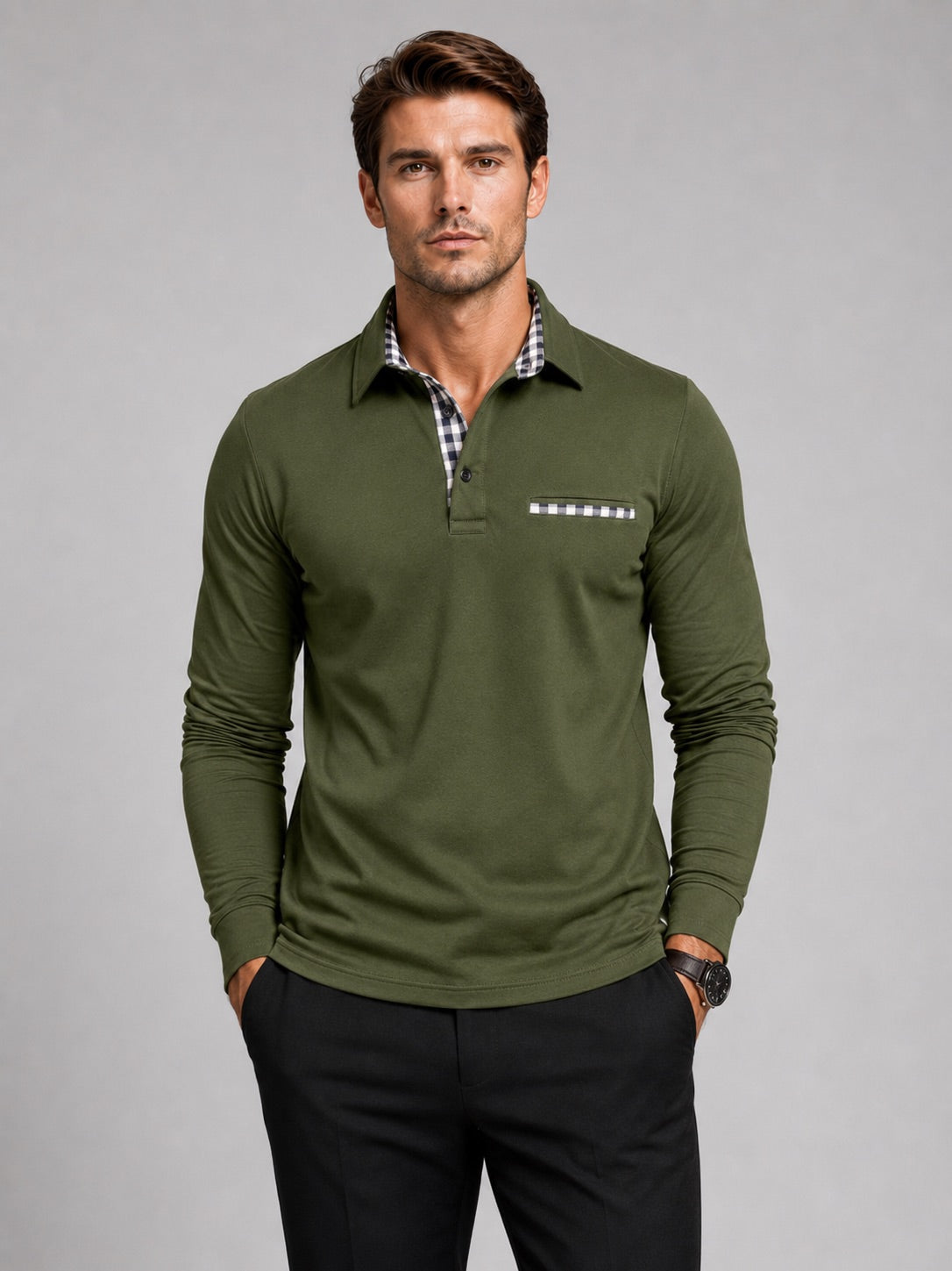 Men’s Long Sleeve Polo Shirt Check Panel Casual Autumn Top for Business Casual and Everyday Wear