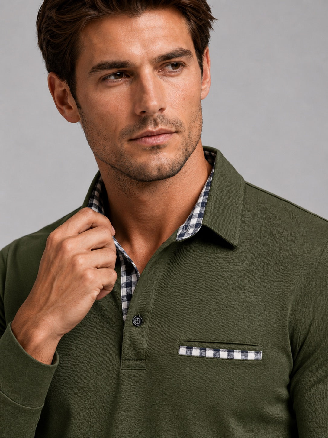 Men’s Long Sleeve Polo Shirt Check Panel Casual Autumn Top for Business Casual and Everyday Wear