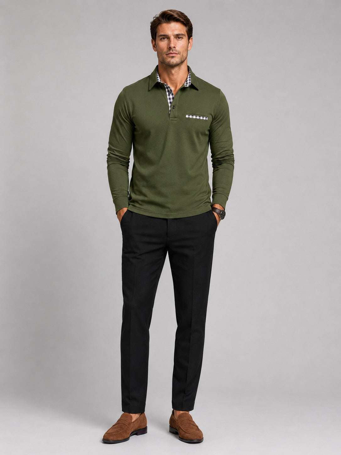 Men’s Long Sleeve Polo Shirt Check Panel Casual Autumn Top for Business Casual and Everyday Wear