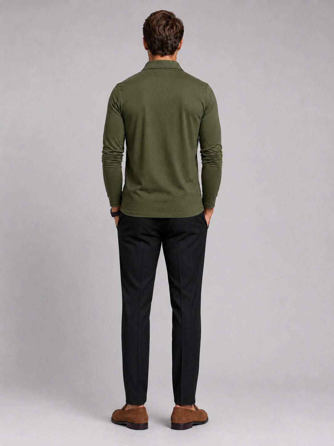 Men’s Long Sleeve Polo Shirt Check Panel Casual Autumn Top for Business Casual and Everyday Wear