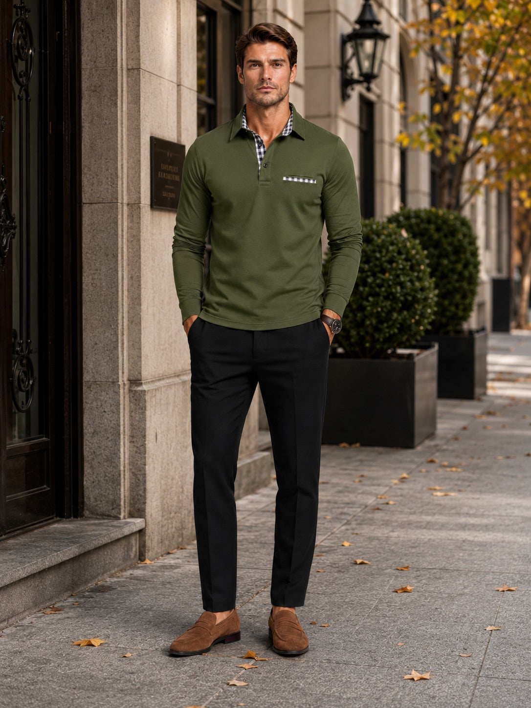 Men’s Long Sleeve Polo Shirt Check Panel Casual Autumn Top for Business Casual and Everyday Wear
