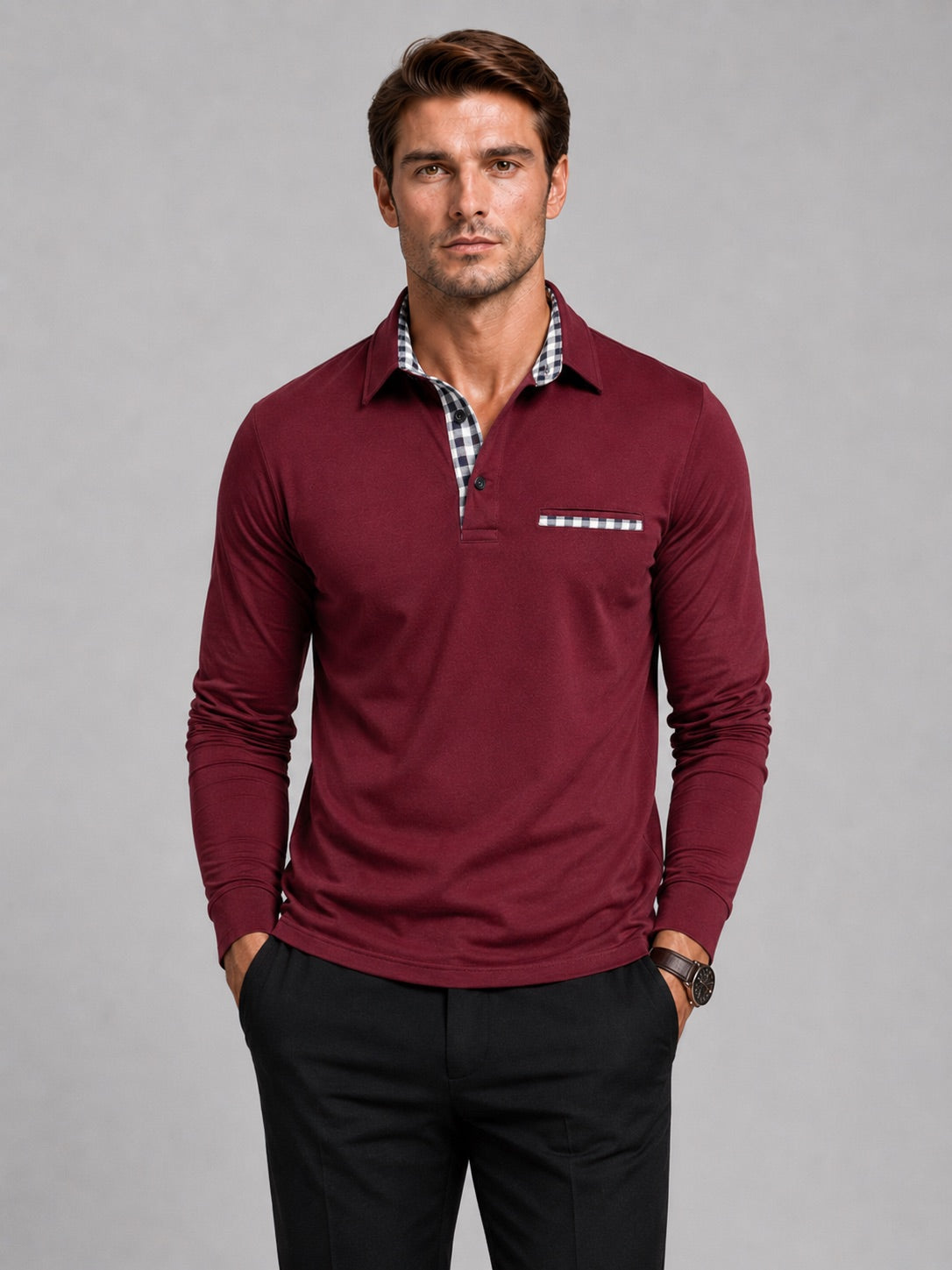 Men’s Long Sleeve Polo Shirt Check Panel Casual Autumn Top for Business Casual and Everyday Wear