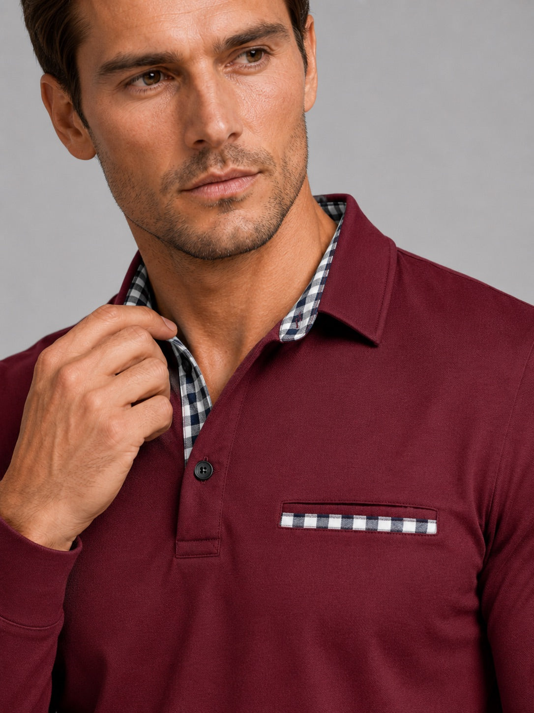 Men’s Long Sleeve Polo Shirt Check Panel Casual Autumn Top for Business Casual and Everyday Wear