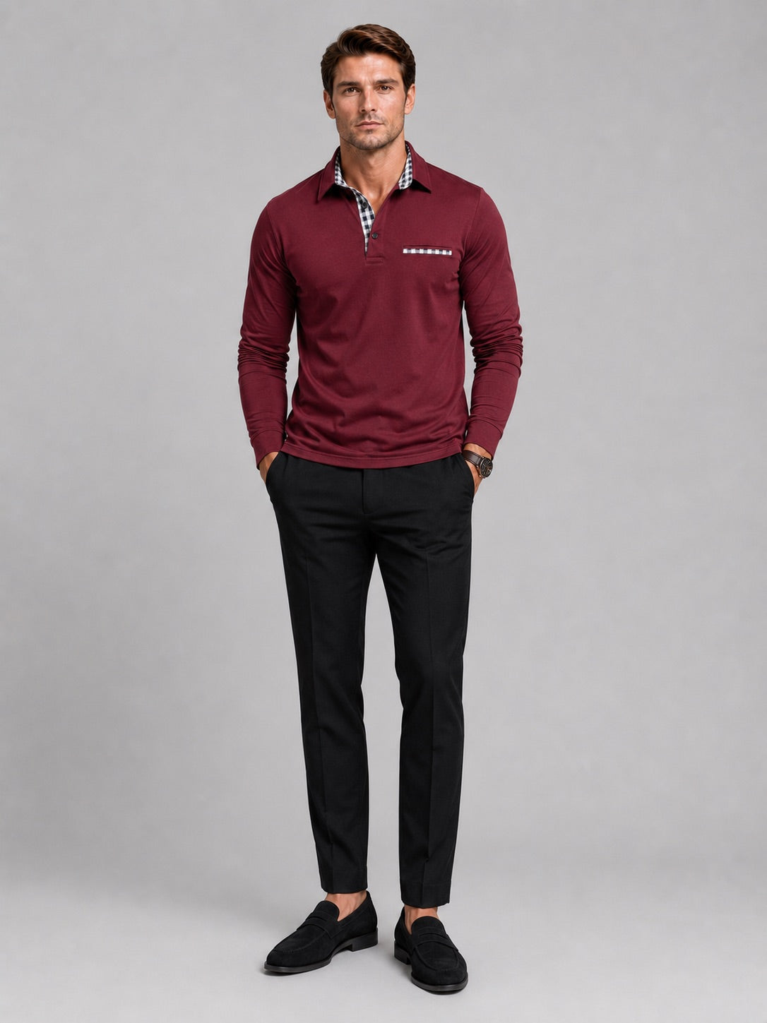 Men’s Long Sleeve Polo Shirt Check Panel Casual Autumn Top for Business Casual and Everyday Wear