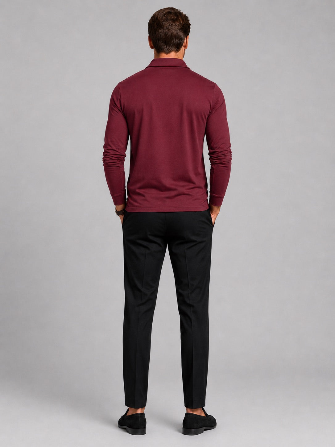 Men’s Long Sleeve Polo Shirt Check Panel Casual Autumn Top for Business Casual and Everyday Wear