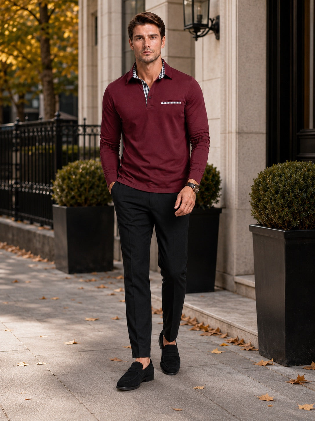 Men’s Long Sleeve Polo Shirt Check Panel Casual Autumn Top for Business Casual and Everyday Wear