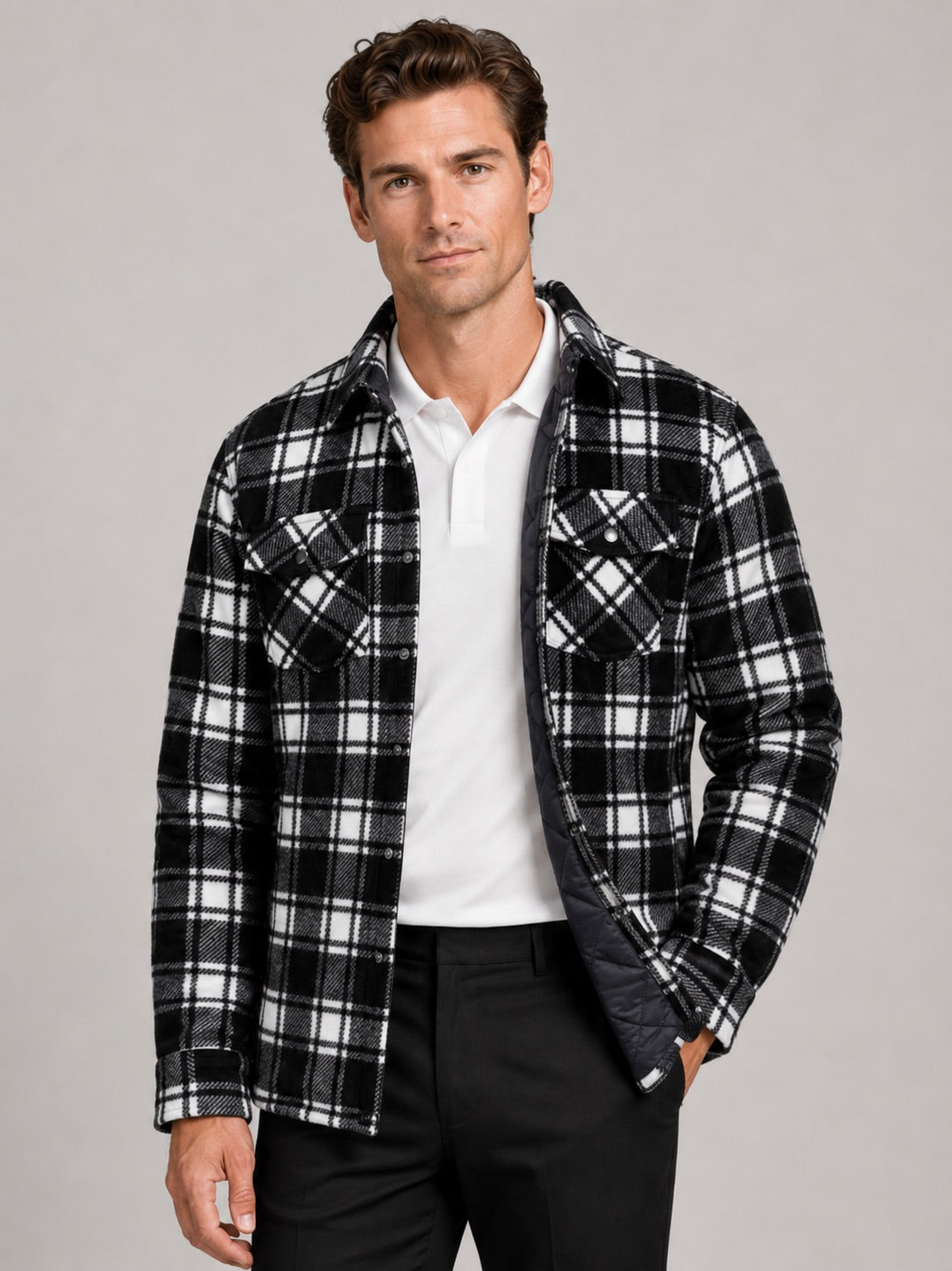 Men’s Quilted Jacket Check Flannel Lined Casual Winter Autumn Jacket for Outdoor and Everyday Wear