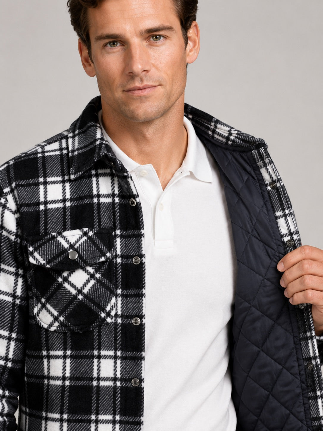 Men’s Quilted Jacket Check Flannel Lined Casual Winter Autumn Jacket for Outdoor and Everyday Wear