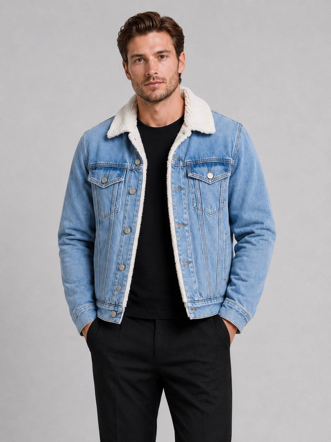 Men’s Fleece Lined Denim Jacket Turn-Down Collar Thick Warm Winter Autumn Jacket for Casual Outdoor and Everyday Wear