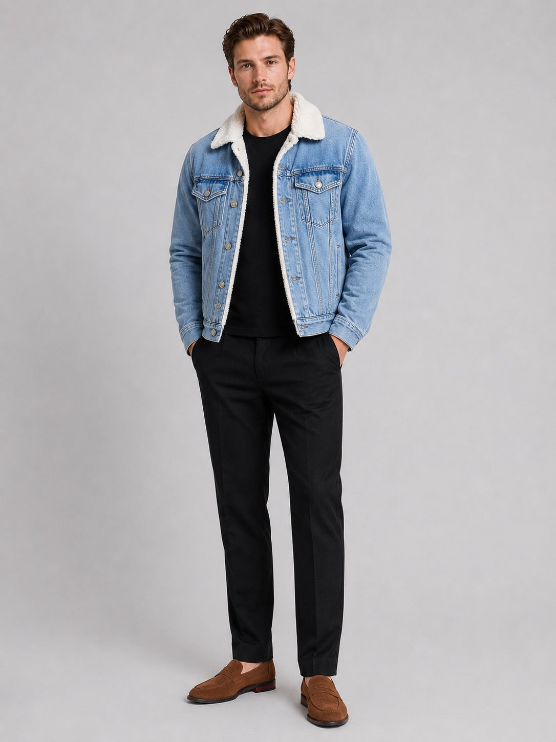 Men’s Fleece Lined Denim Jacket Turn-Down Collar Thick Warm Winter Autumn Jacket for Casual Outdoor and Everyday Wear