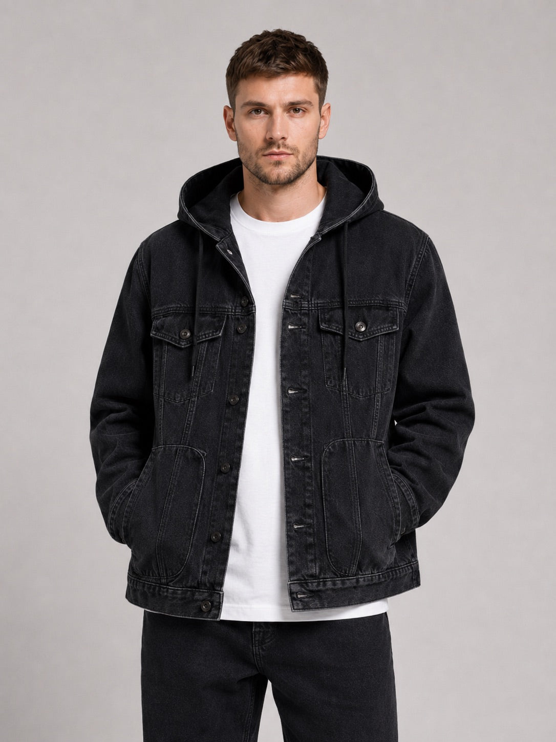 Men’s Hooded Denim Jacket Windproof Large Pocket Autumn Jacket for Streetwear and Everyday Wear
