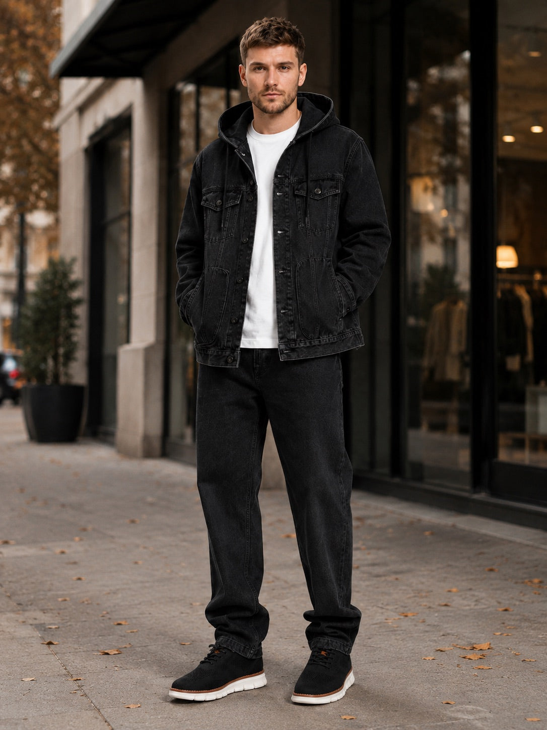 Men’s Hooded Denim Jacket Windproof Large Pocket Autumn Jacket for Streetwear and Everyday Wear