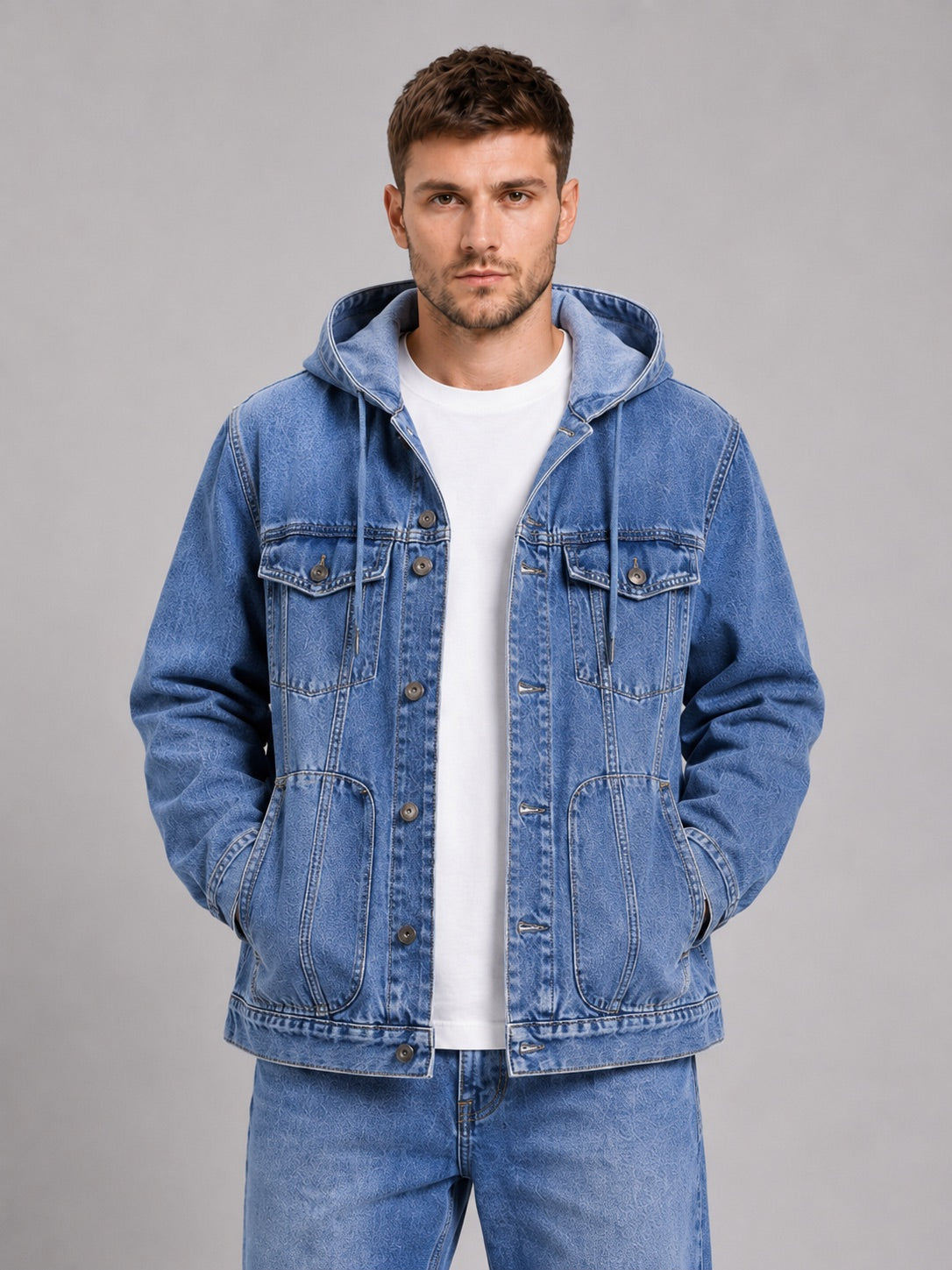 Men’s Hooded Denim Jacket Windproof Large Pocket Autumn Jacket for Streetwear and Everyday Wear