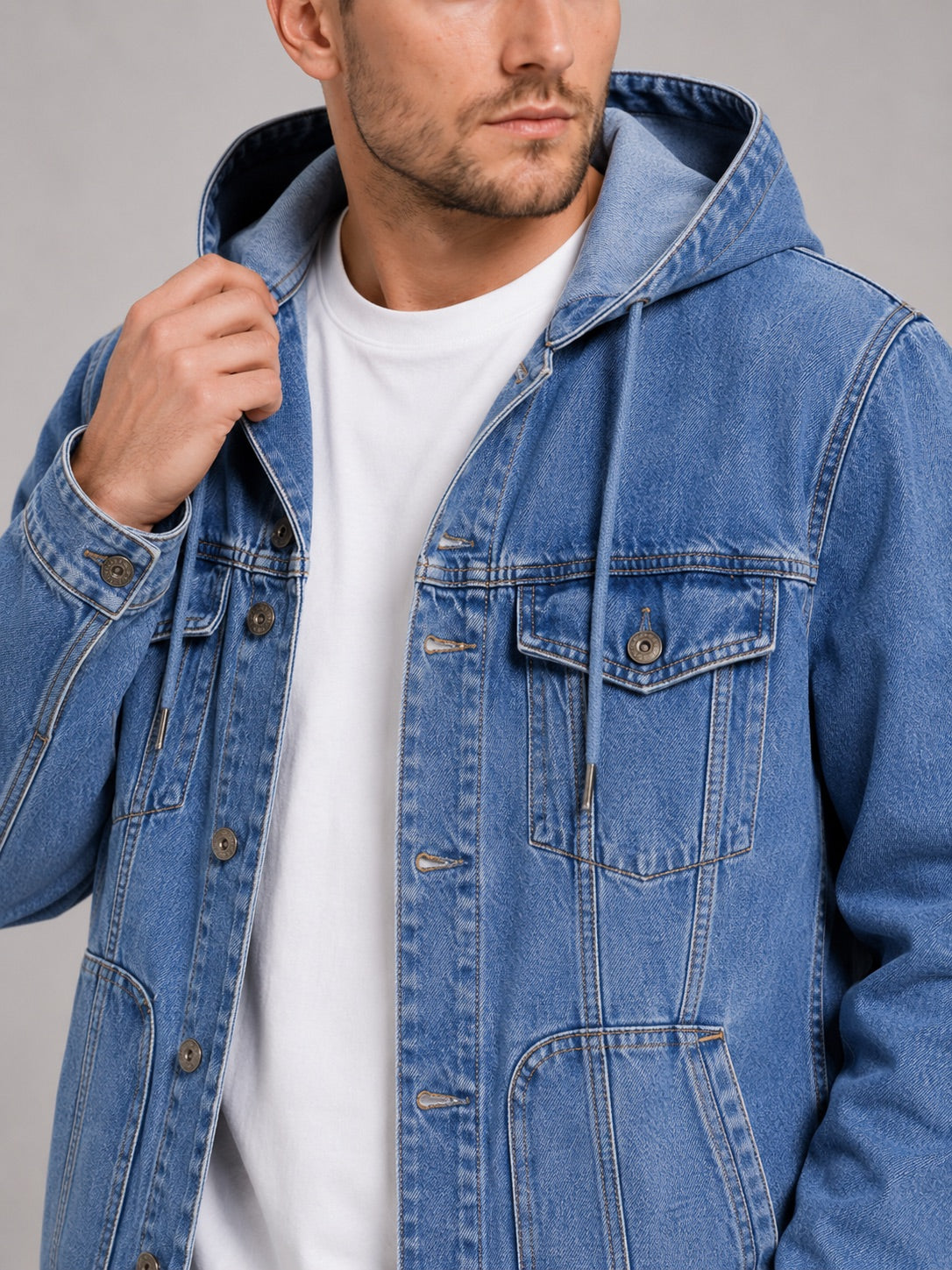 Men’s Hooded Denim Jacket Windproof Large Pocket Autumn Jacket for Streetwear and Everyday Wear