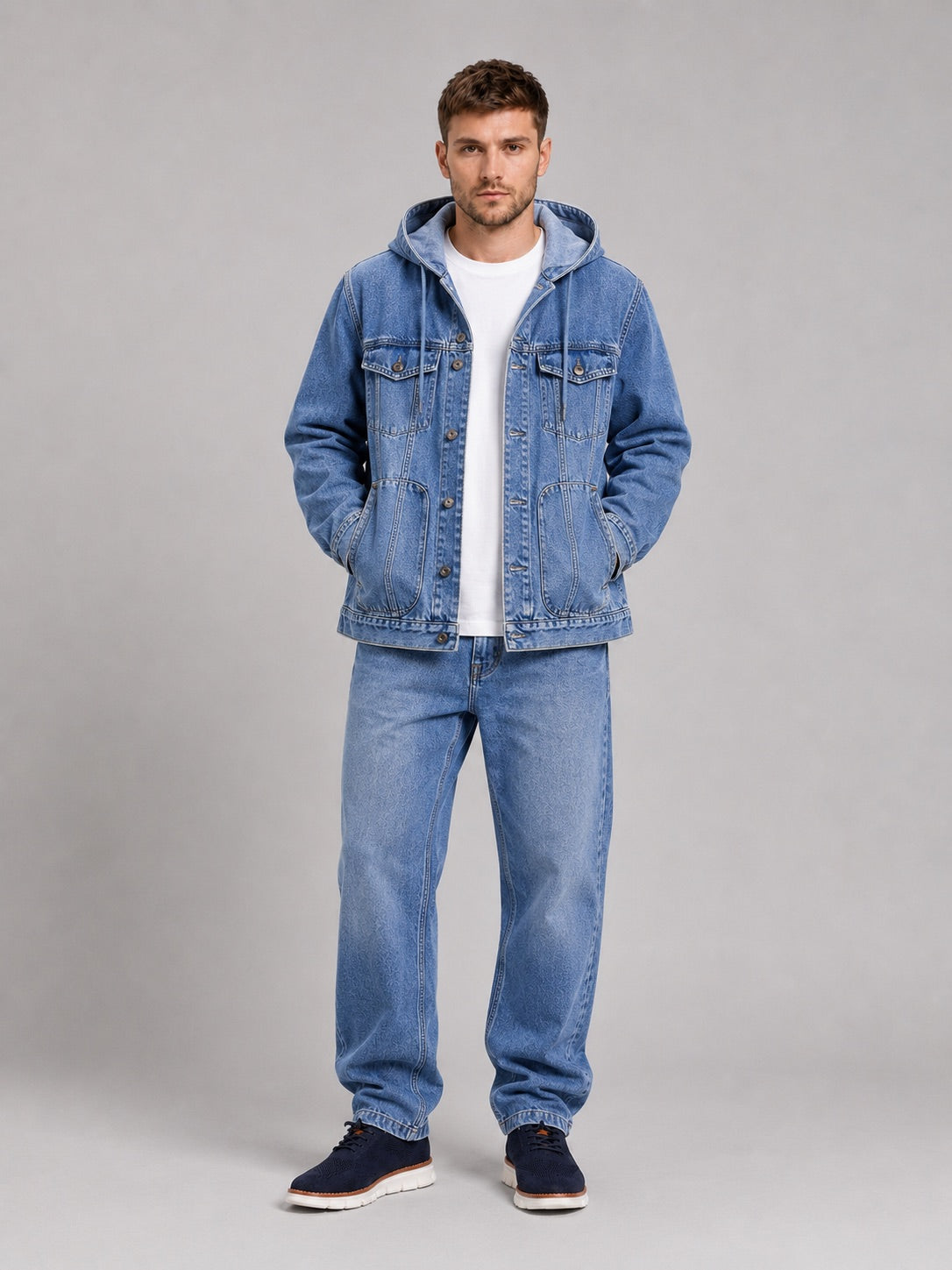 Men’s Hooded Denim Jacket Windproof Large Pocket Autumn Jacket for Streetwear and Everyday Wear