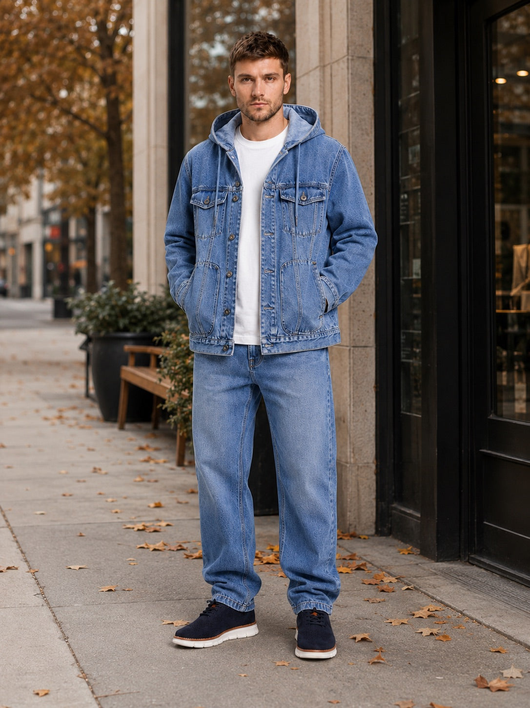 Men’s Hooded Denim Jacket Windproof Large Pocket Autumn Jacket for Streetwear and Everyday Wear