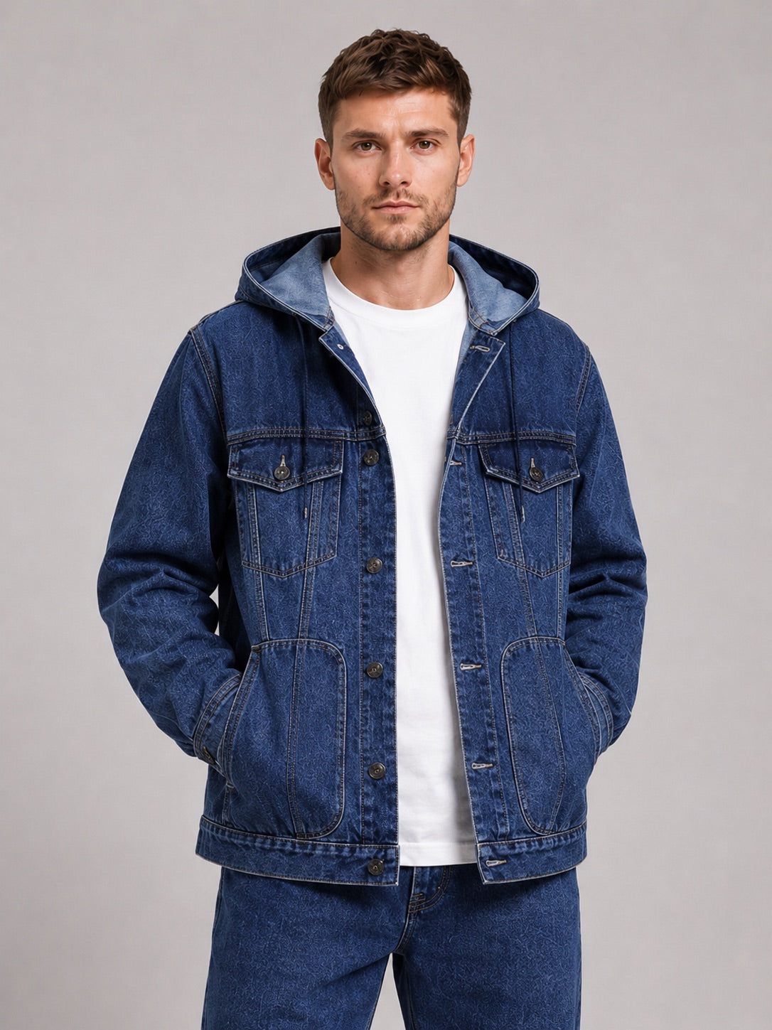 Men’s Hooded Denim Jacket Windproof Large Pocket Autumn Jacket for Streetwear and Everyday Wear