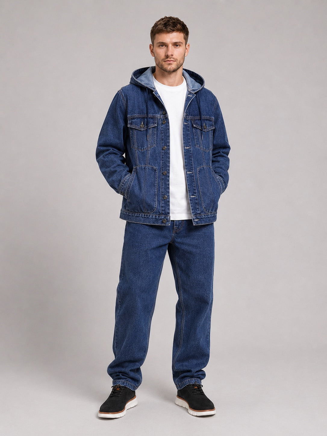 Men’s Hooded Denim Jacket Windproof Large Pocket Autumn Jacket for Streetwear and Everyday Wear