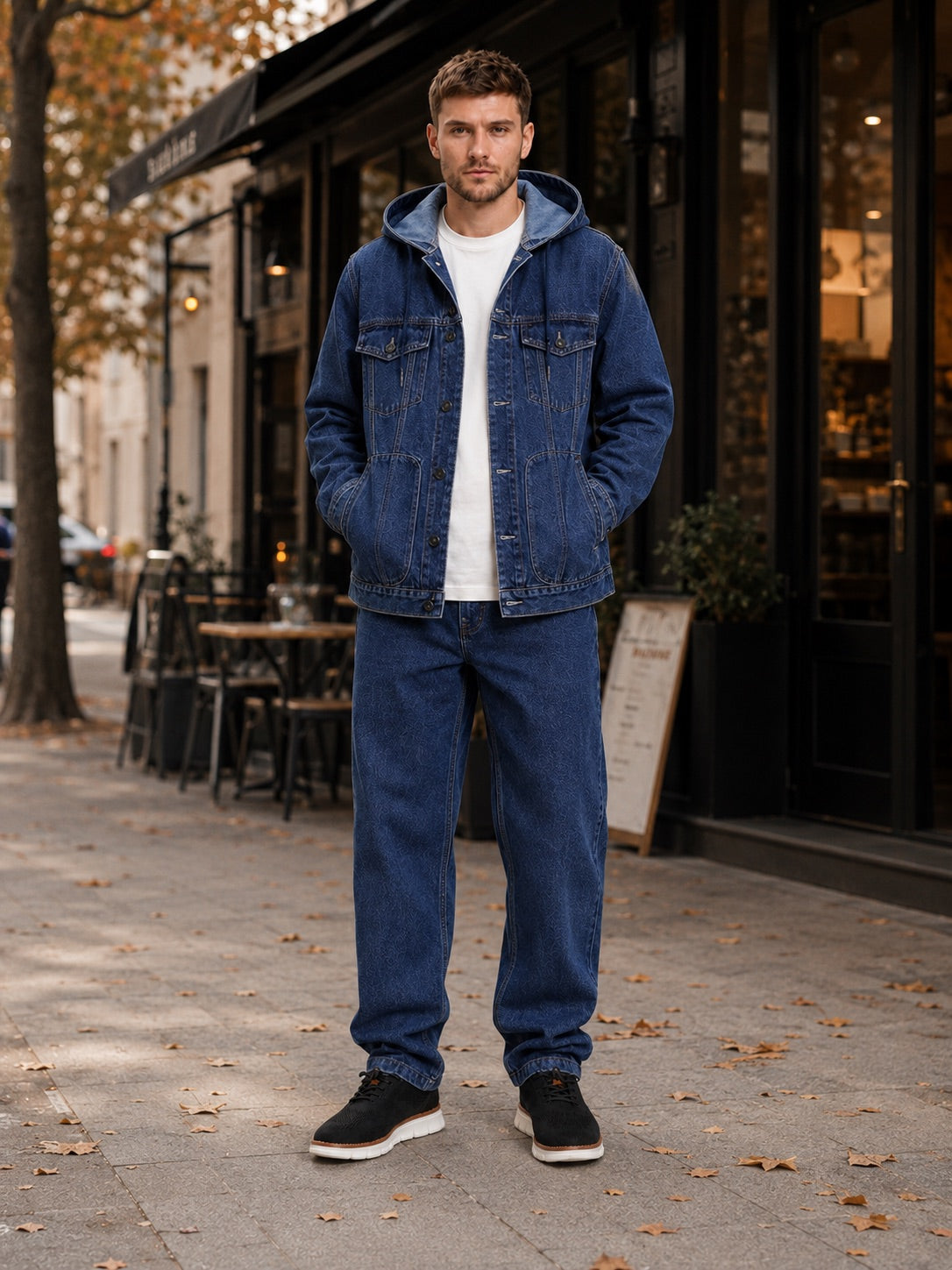 Men’s Hooded Denim Jacket Windproof Large Pocket Autumn Jacket for Streetwear and Everyday Wear