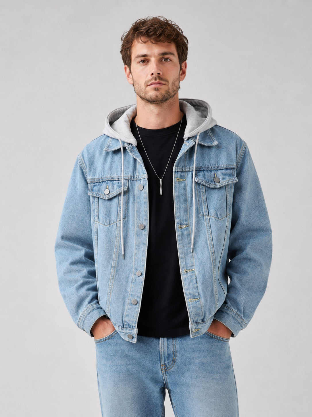 Men’s Hooded Denim Jacket Detachable Hood Loose Fit Winter Autumn Jacket for Streetwear and Everyday Wear