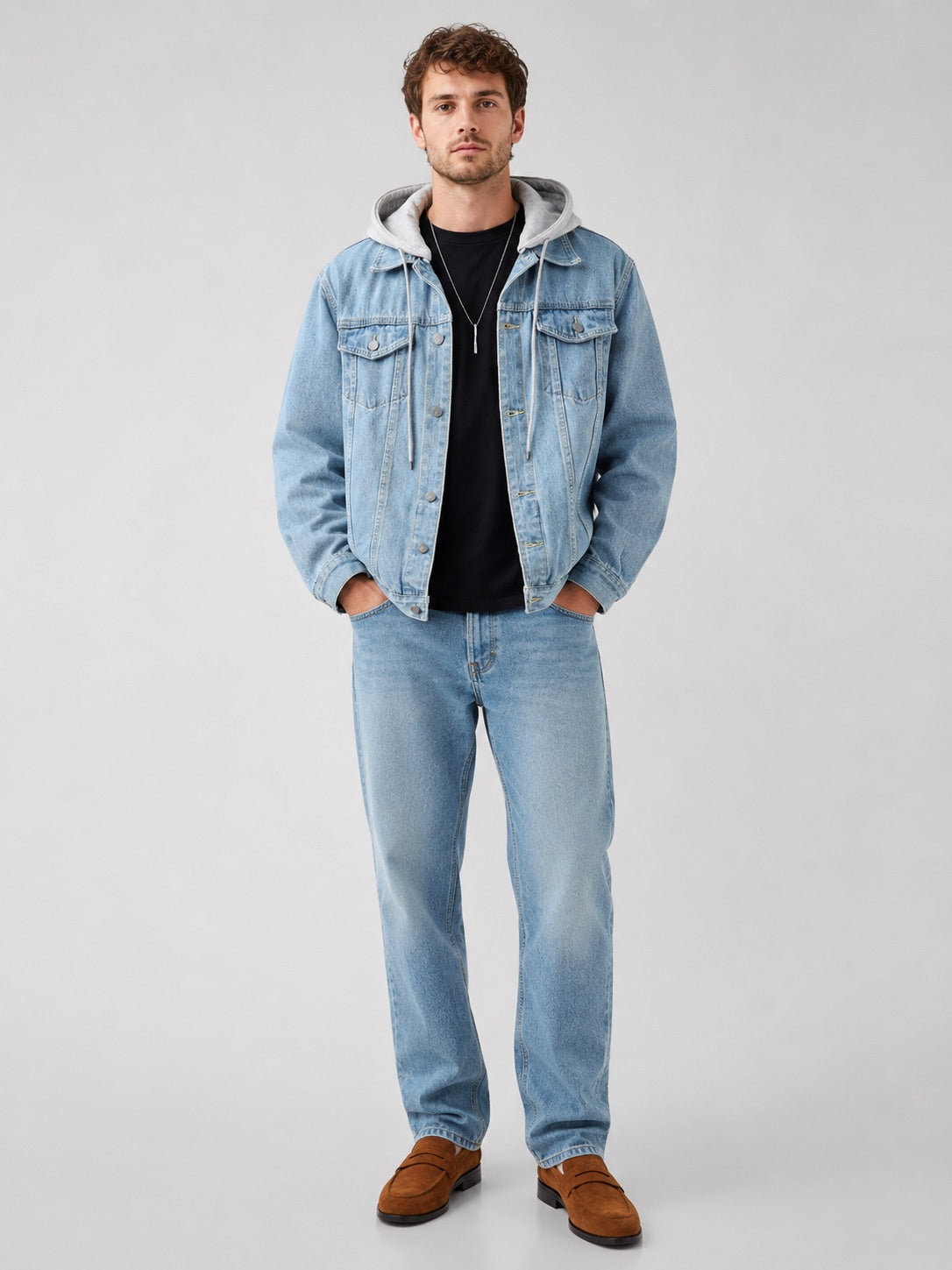 Men’s Hooded Denim Jacket Detachable Hood Loose Fit Winter Autumn Jacket for Streetwear and Everyday Wear