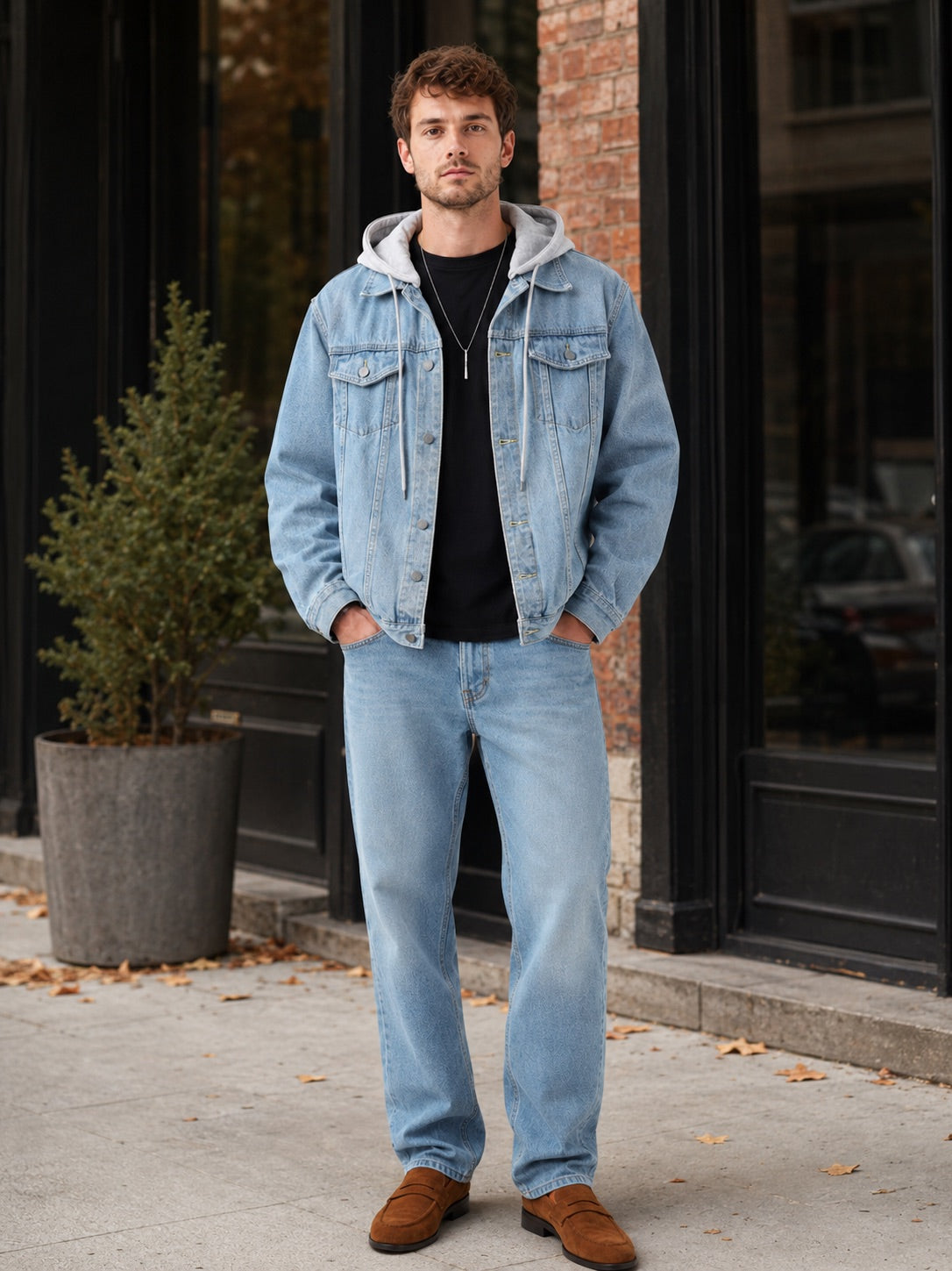 Men’s Hooded Denim Jacket Detachable Hood Loose Fit Winter Autumn Jacket for Streetwear and Everyday Wear