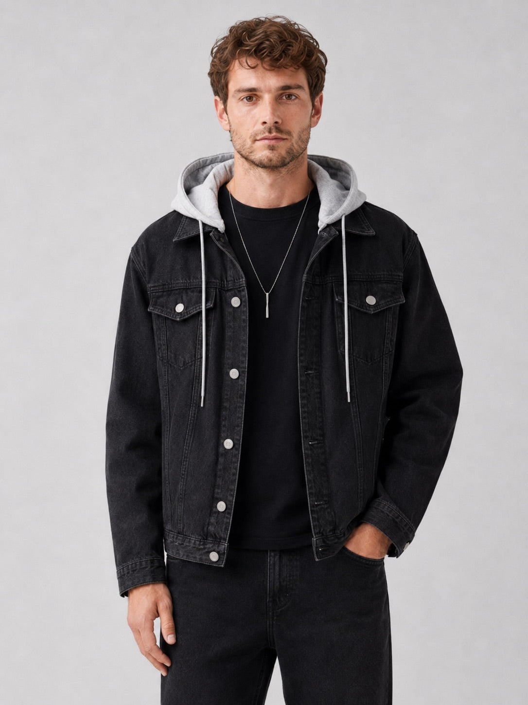 Men’s Hooded Denim Jacket Detachable Hood Loose Fit Winter Autumn Jacket for Streetwear and Everyday Wear
