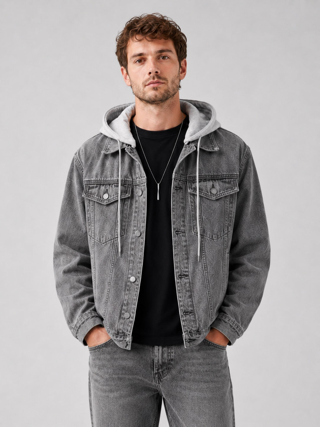 Men’s Hooded Denim Jacket Detachable Hood Loose Fit Winter Autumn Jacket for Streetwear and Everyday Wear