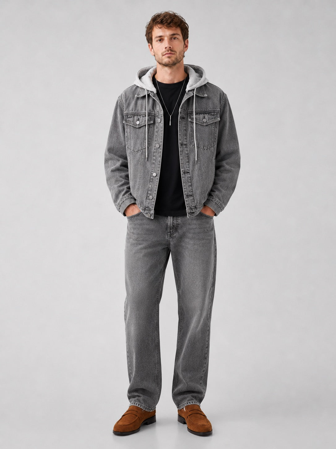 Men’s Hooded Denim Jacket Detachable Hood Loose Fit Winter Autumn Jacket for Streetwear and Everyday Wear