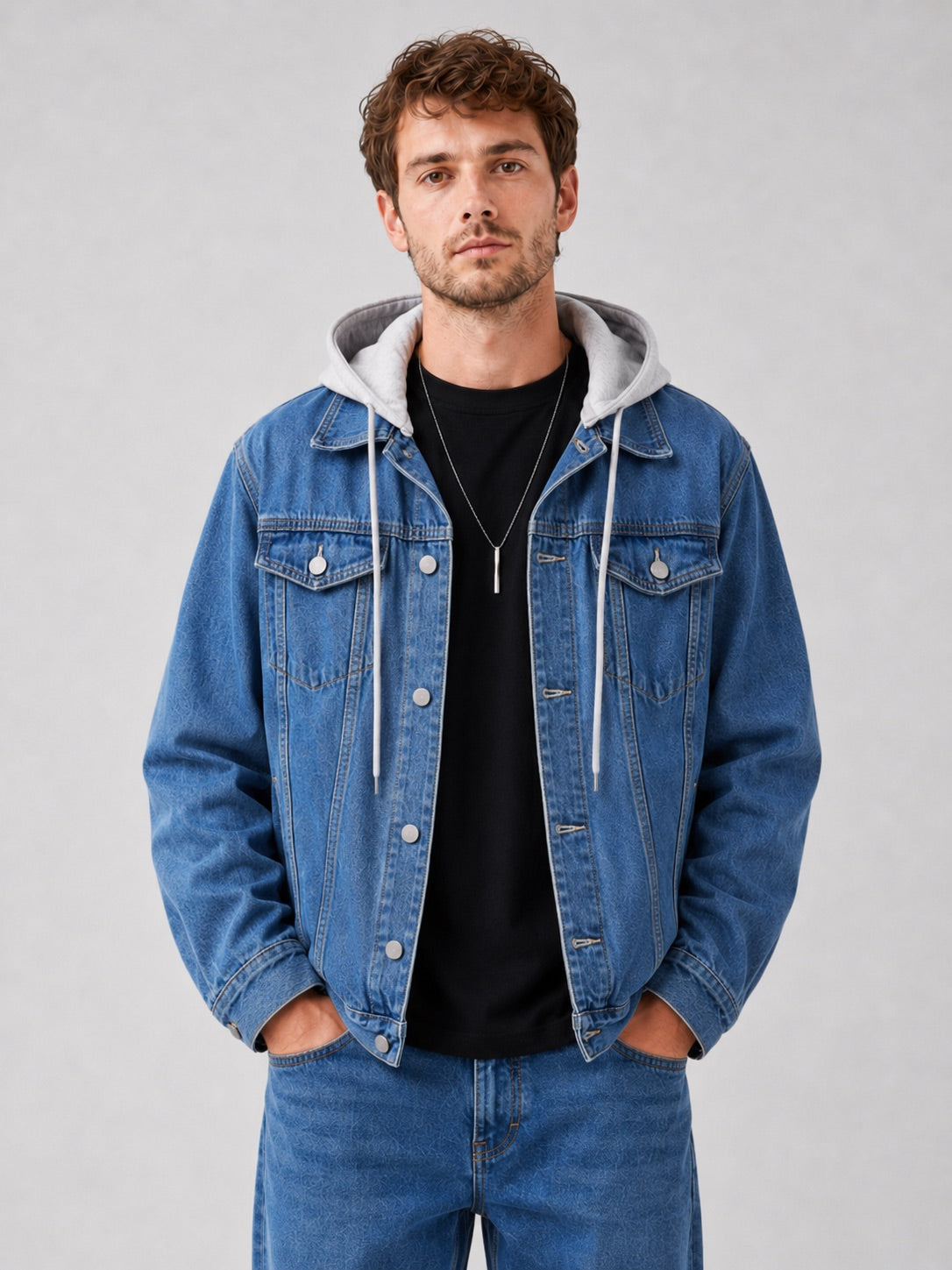Men’s Hooded Denim Jacket Detachable Hood Loose Fit Winter Autumn Jacket for Streetwear and Everyday Wear