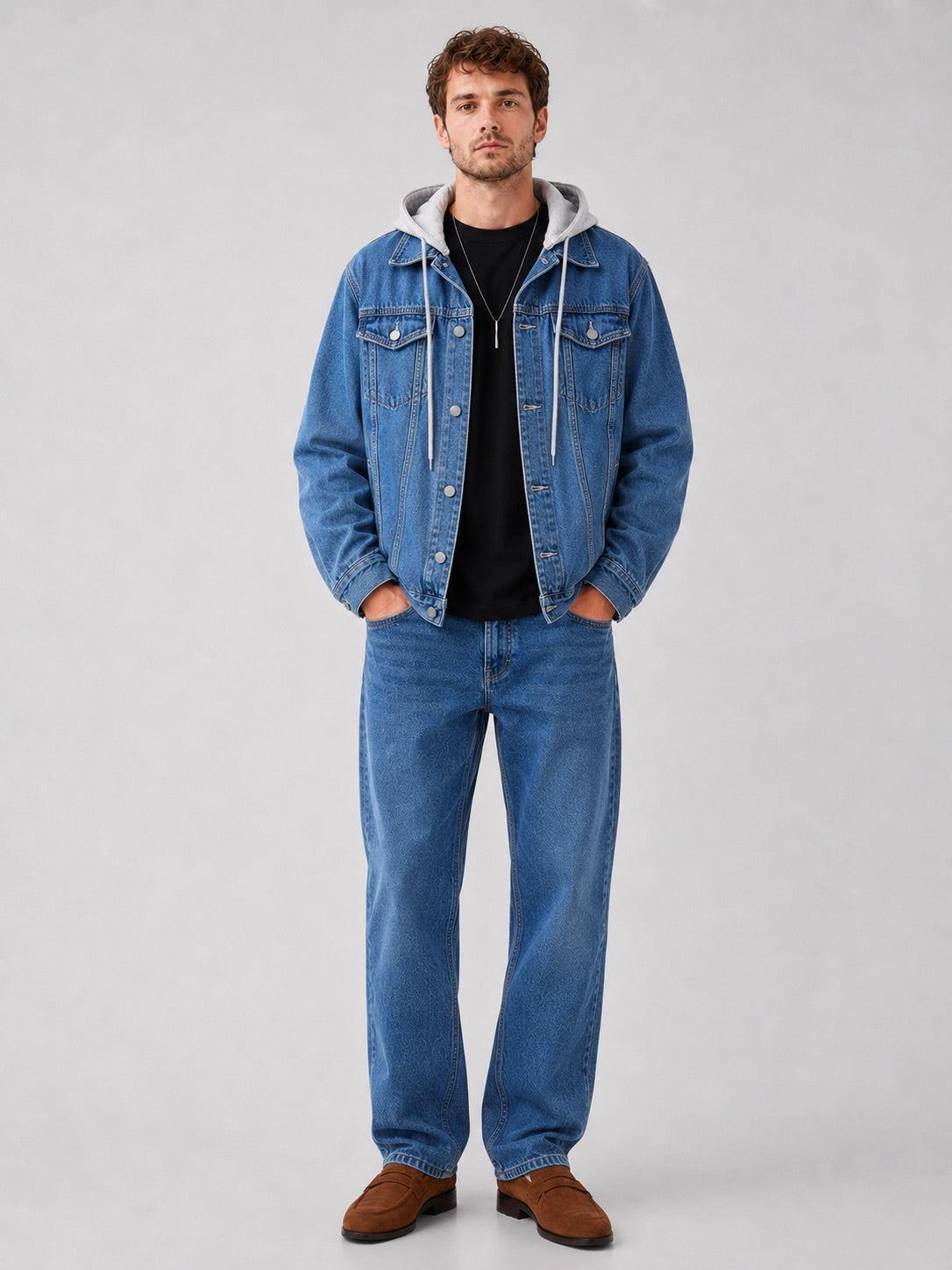 Men’s Hooded Denim Jacket Detachable Hood Loose Fit Winter Autumn Jacket for Streetwear and Everyday Wear