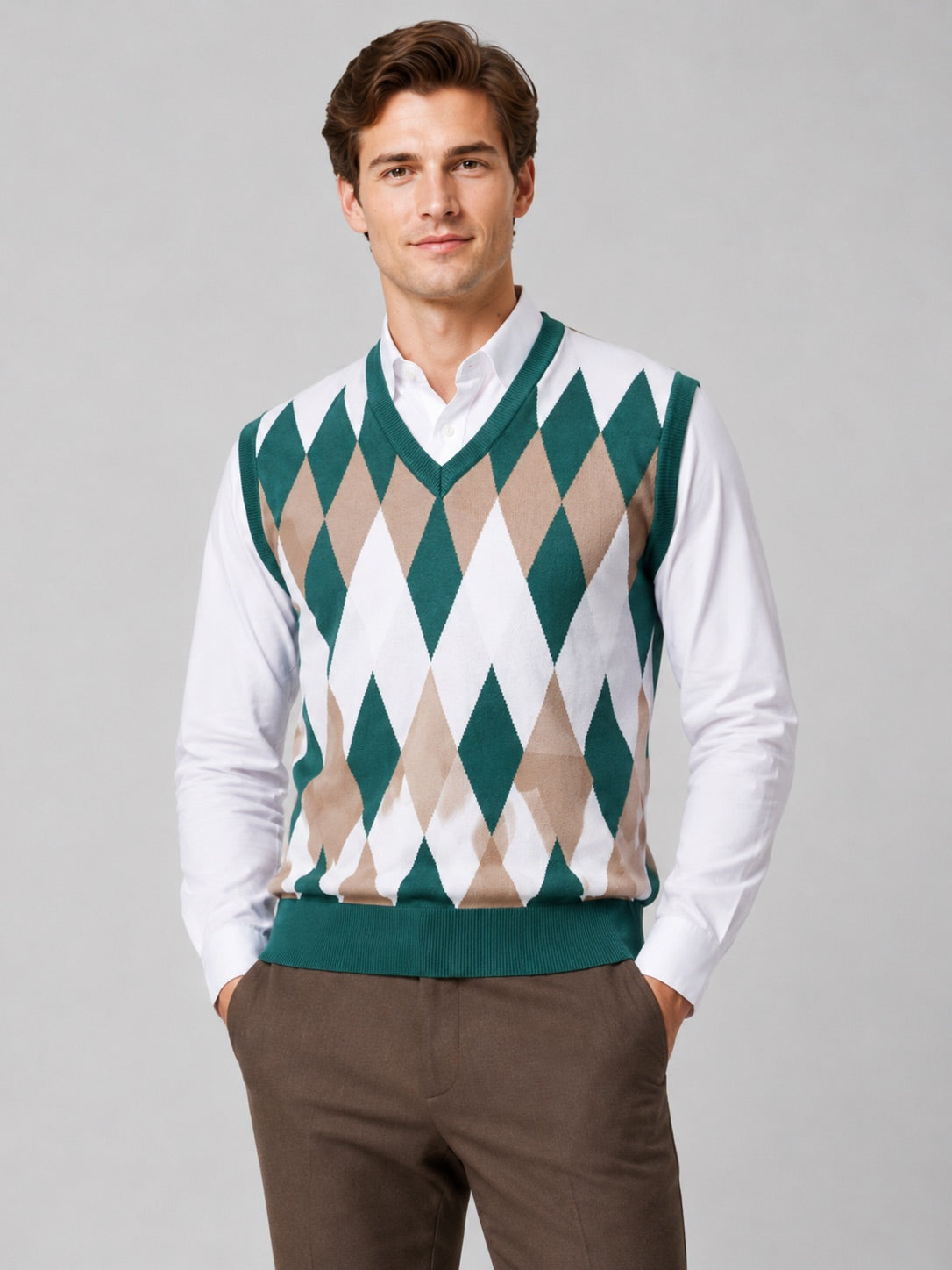 Men’s Argyle Sleeveless Jumper V-Neck Slim Fit Lightweight Knit Autumn Winter Layer for Business Casual and Everyday Wear