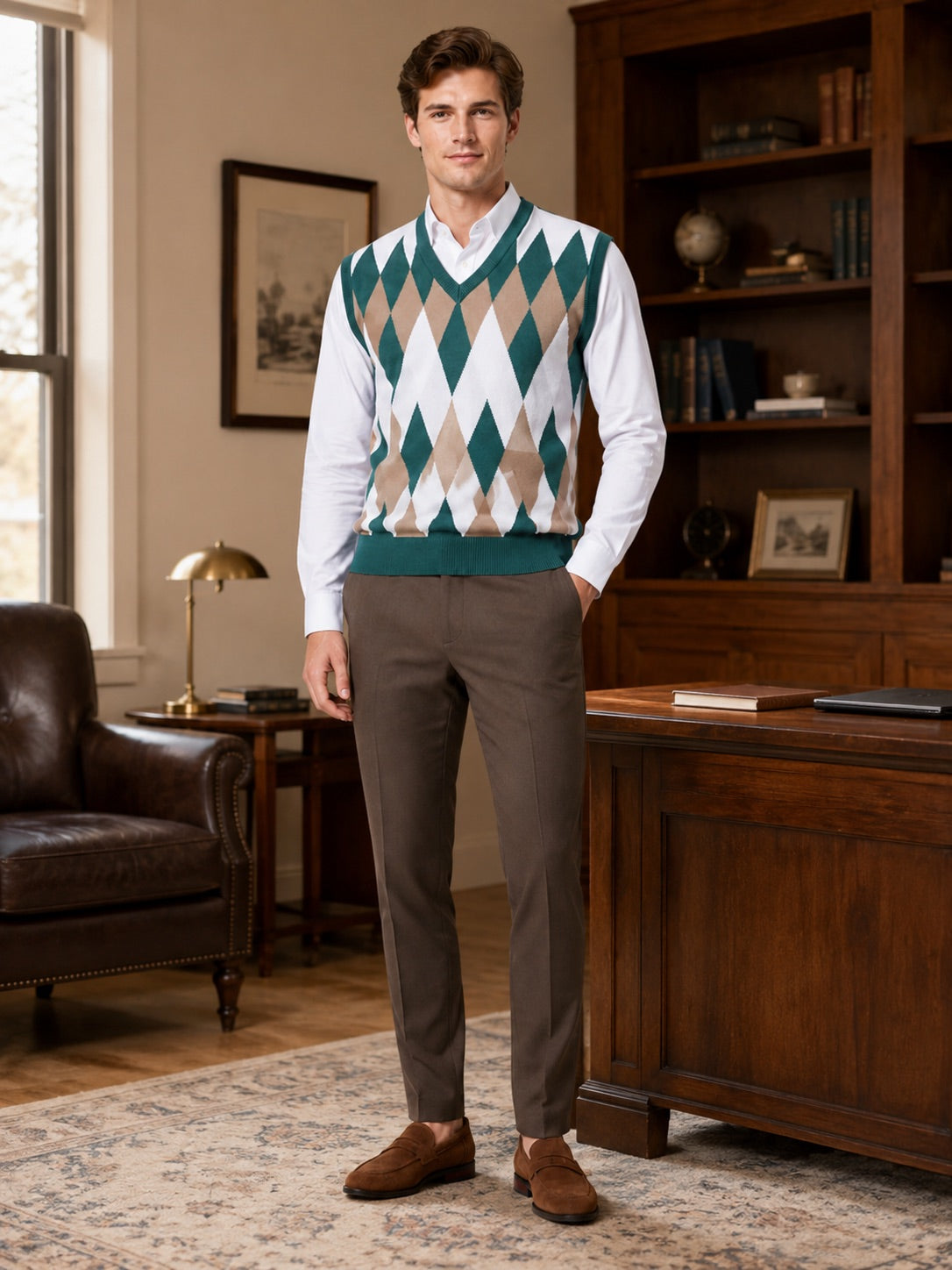 Men’s Argyle Sleeveless Jumper V-Neck Slim Fit Lightweight Knit Autumn Winter Layer for Business Casual and Everyday Wear