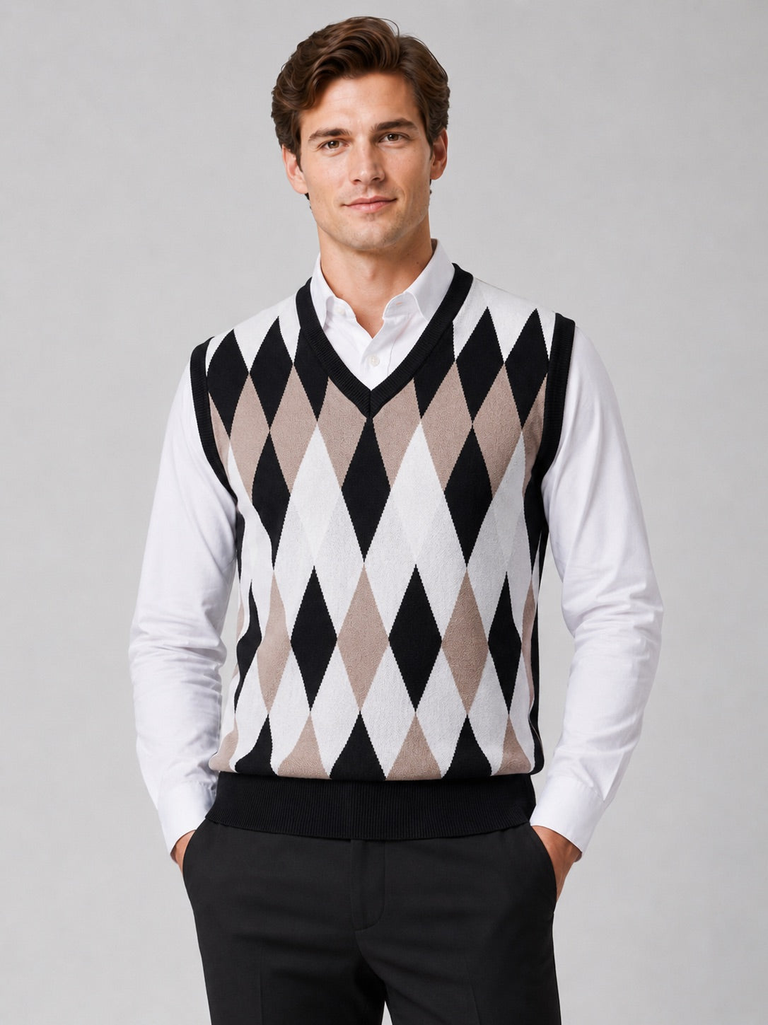 Men’s Argyle Sleeveless Jumper V-Neck Slim Fit Lightweight Knit Autumn Winter Layer for Business Casual and Everyday Wear