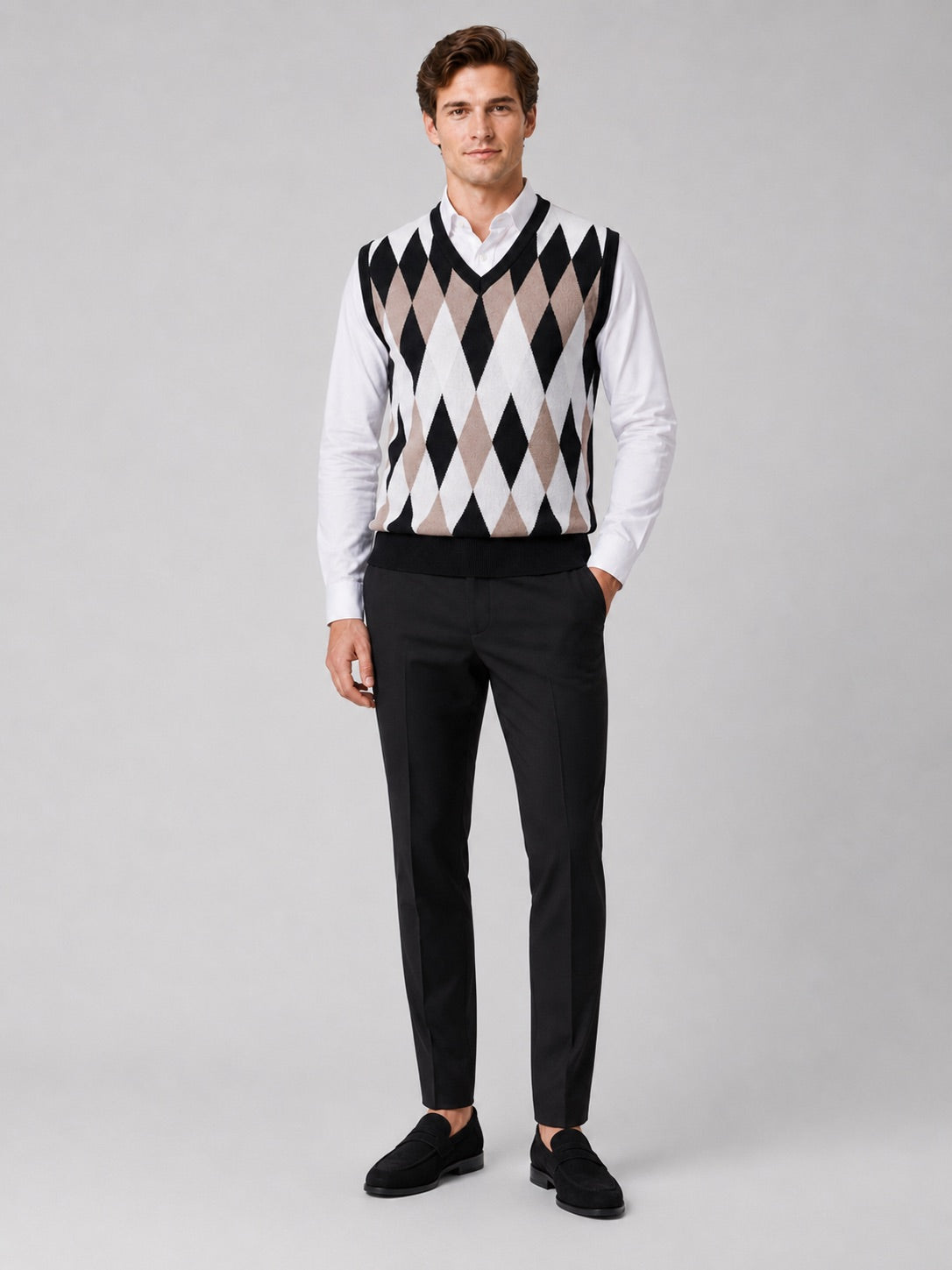 Men’s Argyle Sleeveless Jumper V-Neck Slim Fit Lightweight Knit Autumn Winter Layer for Business Casual and Everyday Wear