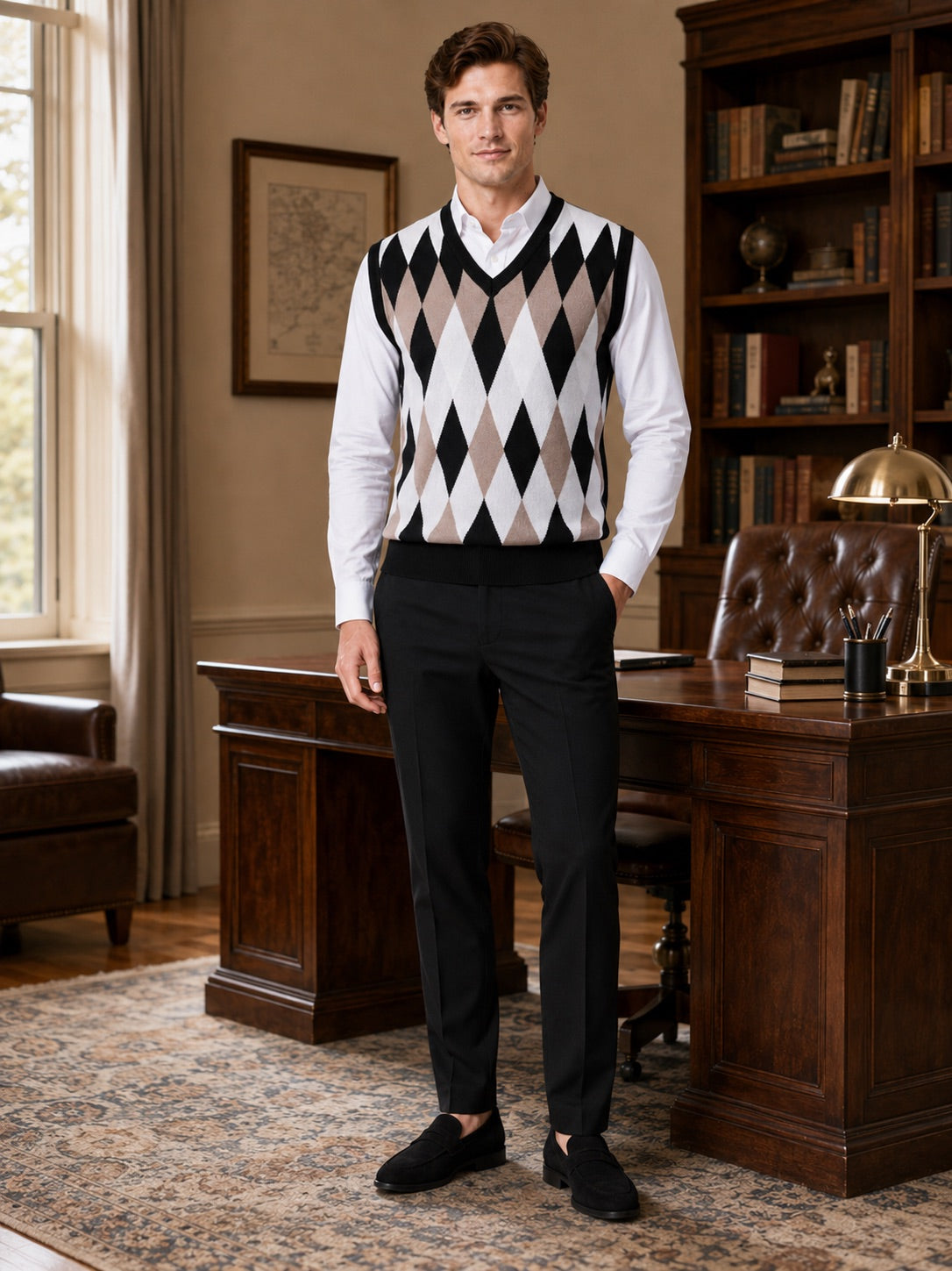 Men’s Argyle Sleeveless Jumper V-Neck Slim Fit Lightweight Knit Autumn Winter Layer for Business Casual and Everyday Wear